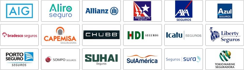 Azul, Axa, Allianz, Aliro, American Life, AIG, Bradesco, Chubb, Capemisa, HDI, Icatu, Liberty, Porto Seguro, Sul América, Sura, Sompo, Suhai, Tokio Marine